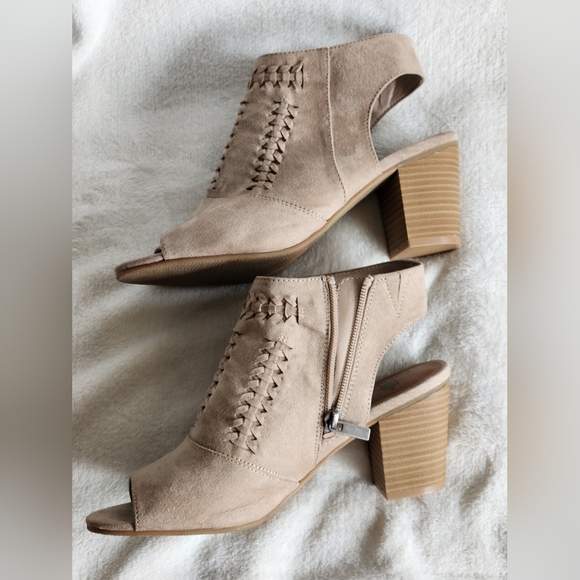 Ruff Hewn Boots Womens 8 M Pia Peep Toe Slingback Zip Bootie Brown Fabric Heels - Picture 1 of 10